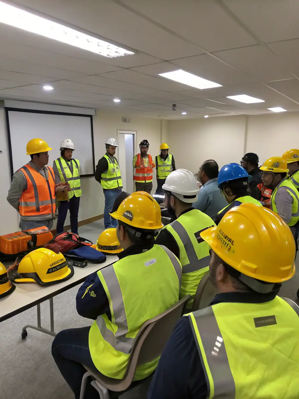 Transport industry workers participating in a certification course focused on safety and operational standards, led by certified trainers in a classroom setting.