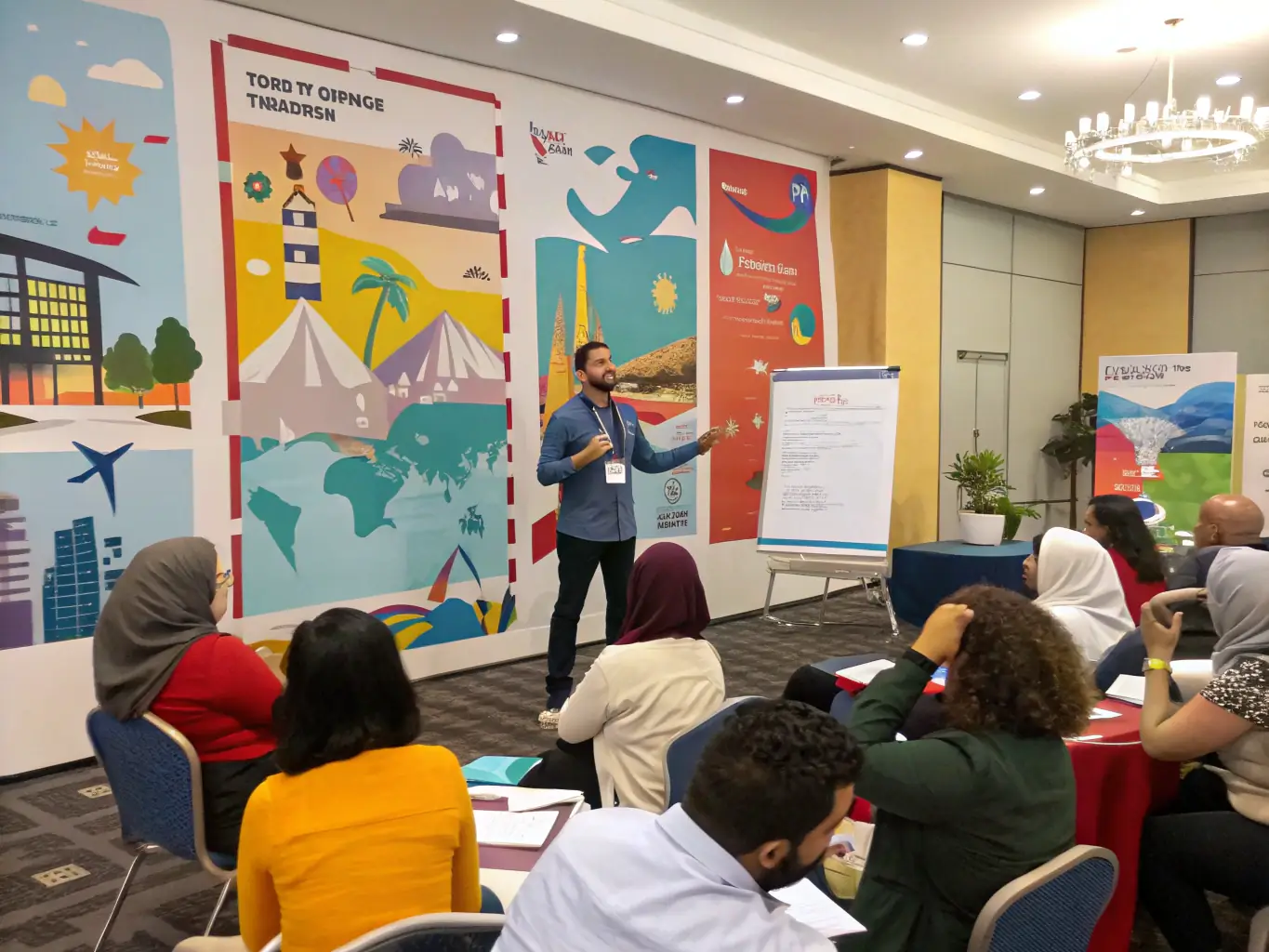 A vibrant scene of tourism workers participating in a training session, demonstrating AFTRAL's dedication to improving service quality in the tourism sector.