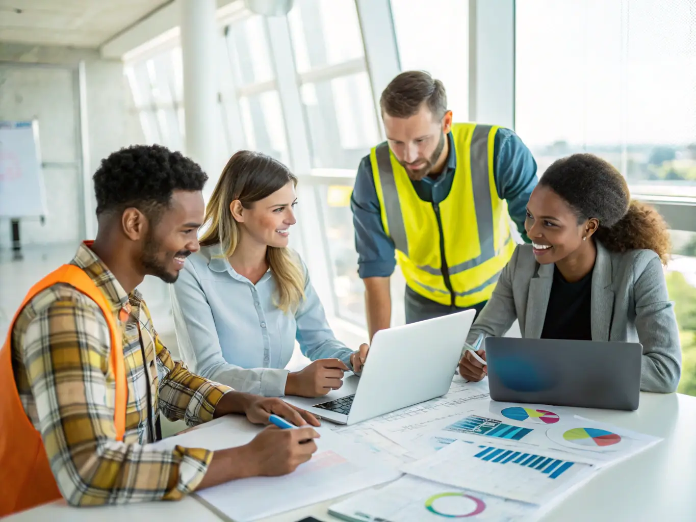 A diverse group of logistics professionals collaborating on a project in a modern training facility, showcasing AFTRAL's commitment to practical skill development.