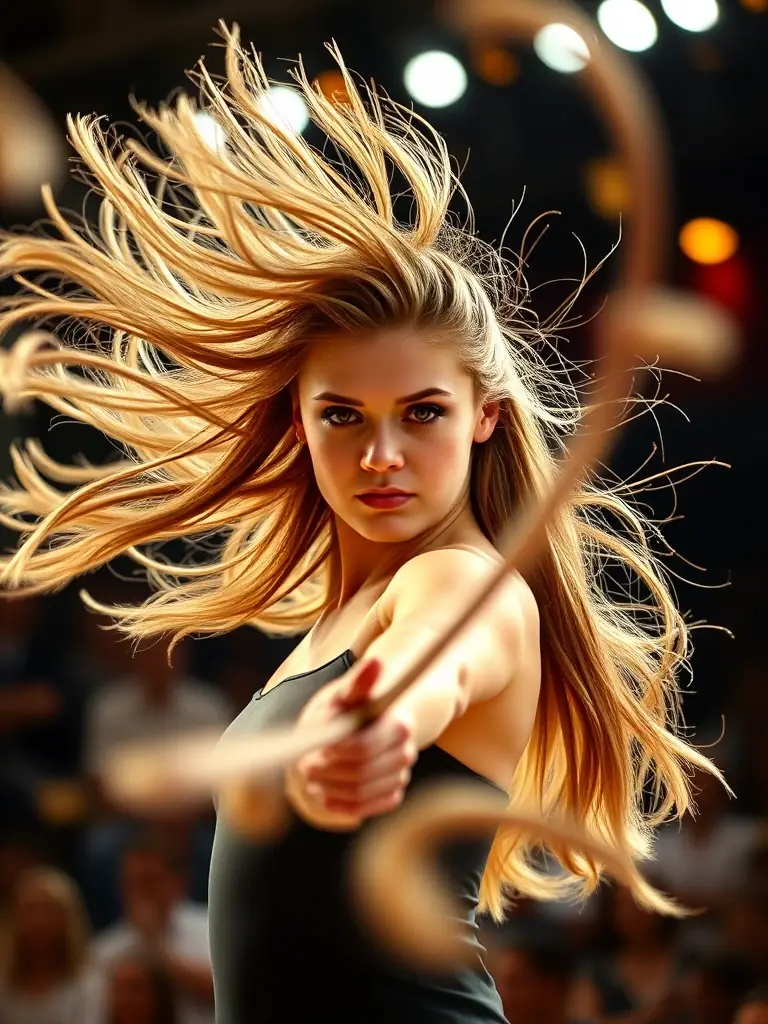 An advanced twirler performing a complex baton routine with multiple batons, showcasing exceptional skill and artistry.