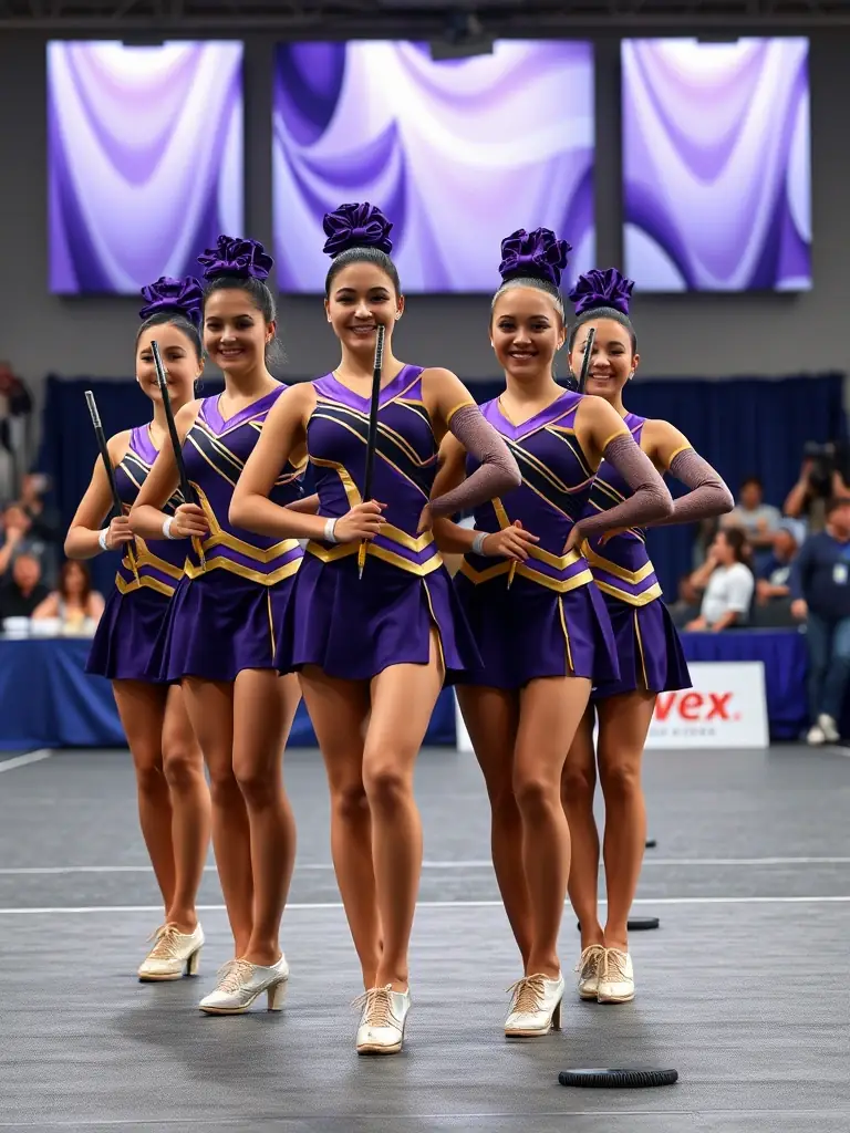A team of baton twirlers in uniform participating in a local competition, displaying teamwork and precision.