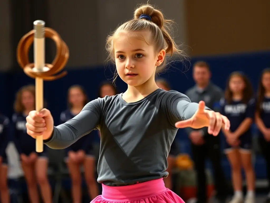 A young baton twirler in action, performing a complex routine with a focused expression, set against a backdrop of supportive teammates and coaches.