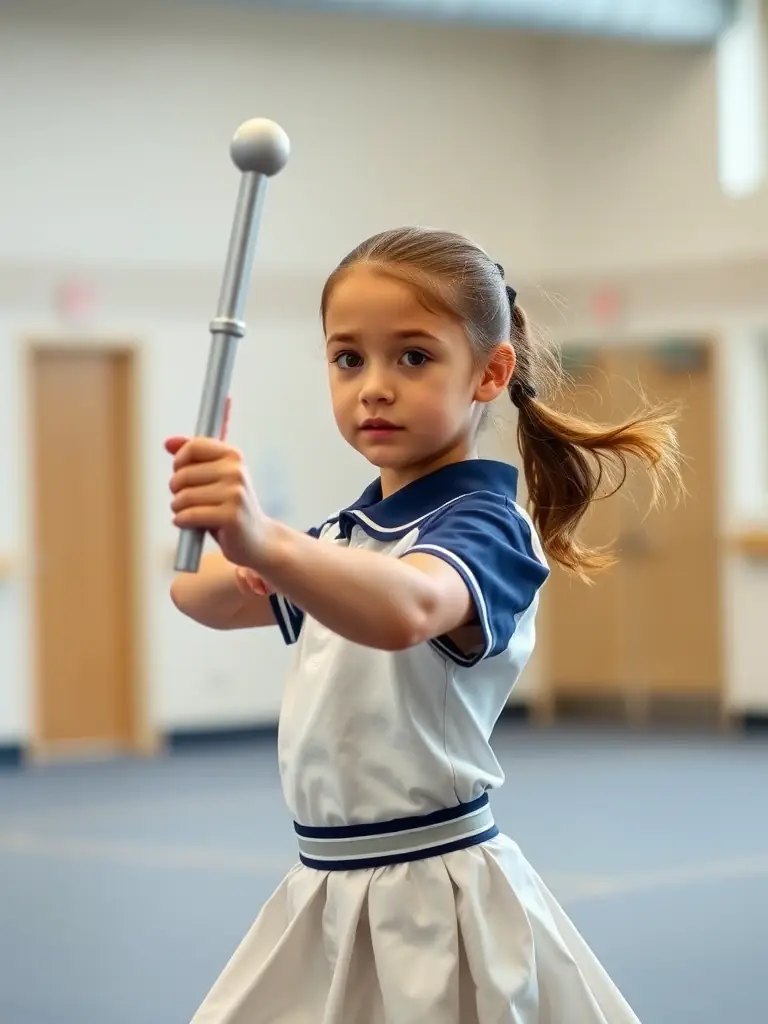 A young girl in a twirling uniform, confidently executing a complex baton routine during a training session at TWIRLING ELAN DE GORGES.