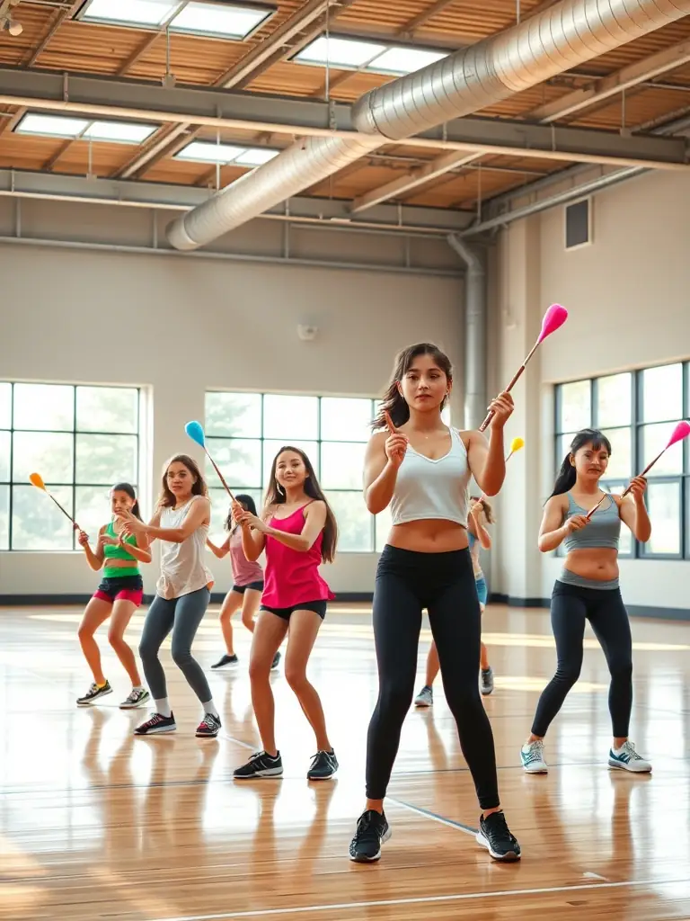 A group of teenagers practicing an intermediate-level baton routine, demonstrating improved coordination and rhythm.