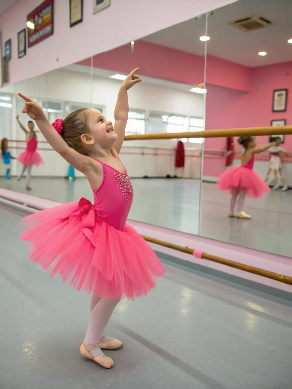 A young girl in a bright costume confidently twirling a baton during a beginner's class, with an instructor providing guidance in the background.