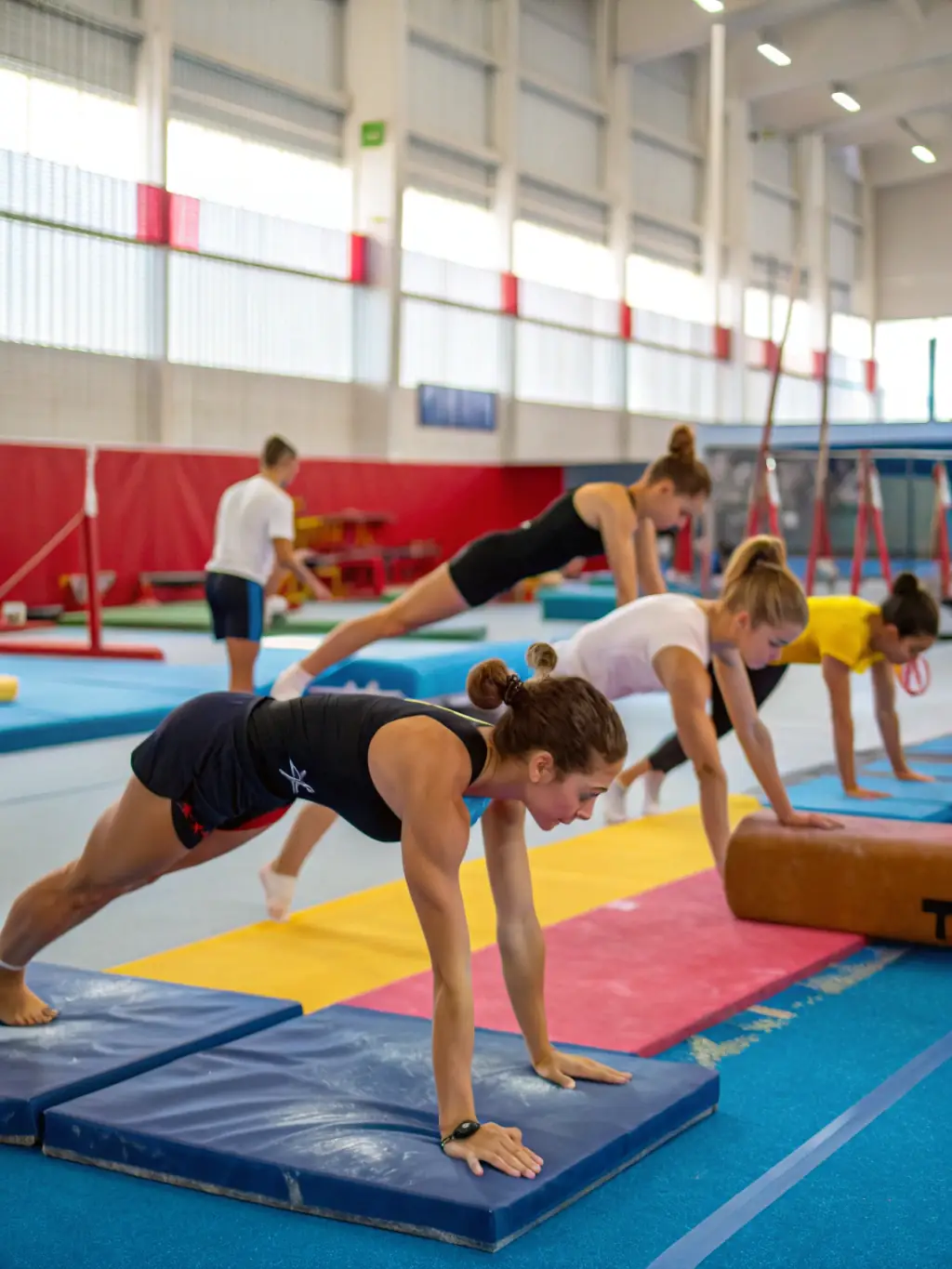 A group of intermediate-level twirlers practicing synchronized routines in a gymnasium, showcasing their teamwork and coordination at TWIRLING ELAN DE GORGES.