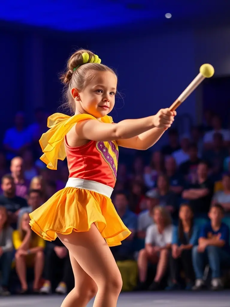 An advanced twirler performing a solo routine at a regional competition, demonstrating exceptional skill and artistry while representing TWIRLING ELAN DE GORGES.